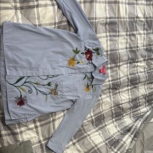 Catherine Malandrino Blue Striped Shirt with Floral Detail